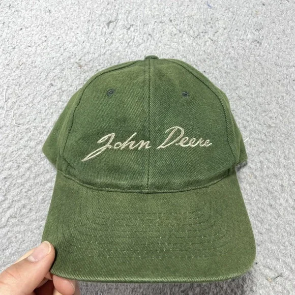John‎ Deere KC Hat Cap Snap Back One Size Mens Green Script Logo VTG Embroidered