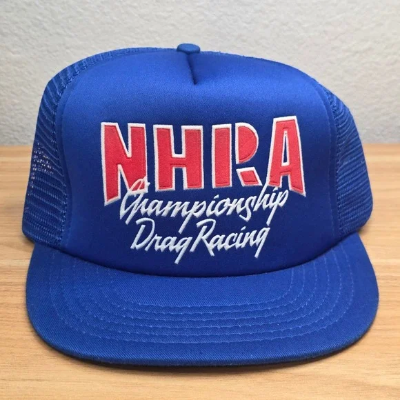 Vintage NHRA Drag Racing Cap Trucker Hat Blue Mesh Snapback Top Eliminator