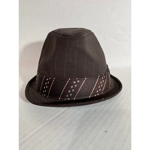 Goorin Bros Brown Pinstripe Wool Blend Fedora Hat Small Brass Logo Pin Band