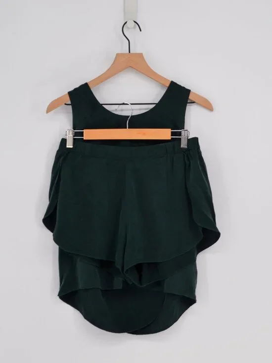 Lunya Washable Silk Matching Pajama Set Dark Green M