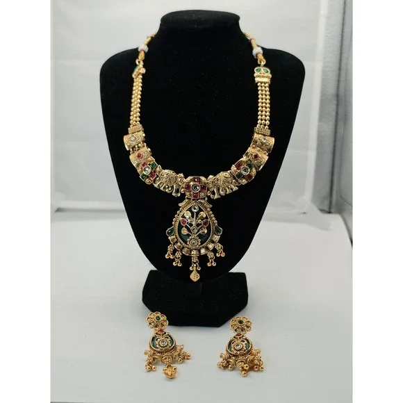Indian Kundan Style Elephant Necklace Earrings Set Gold Tone Green Red Bridal