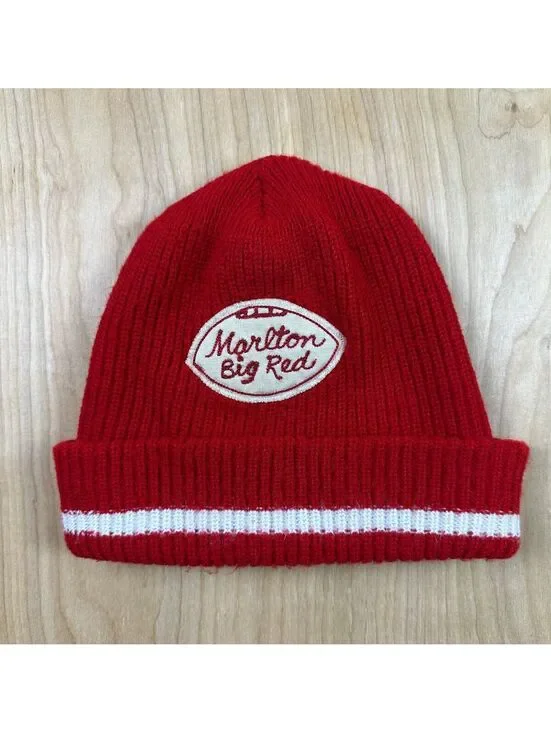 Vintage 70s Marlton Big Red Beanie Chain Stitch football wool knit hat stripe