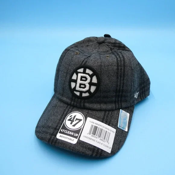 '47 Hat Mens OSFA Clean‎ Up Boston Bruins Grey Windowpane Plaid Wool Blend NHL