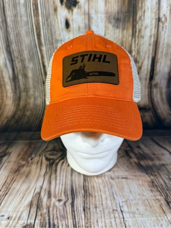 New STIHL Chainsaw Patch Strapback Adjustable Hat Mesh Trucker Orange White Cap