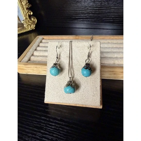 Sterling Silver 925 Italy Turquoise Bead Filigree Necklace & Earring Set 18in