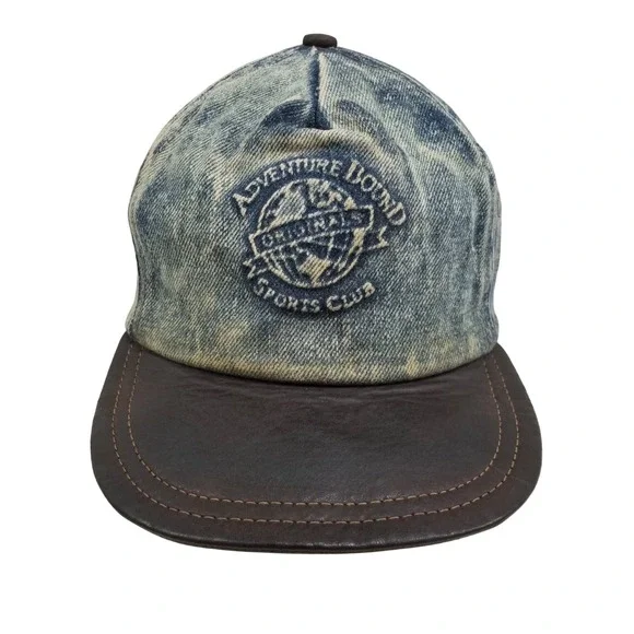 Adventure Bound Acid Wash Denim Cap Leather Bib Baseball Distressed Streetwear