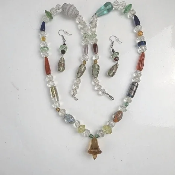 Handmade Beaded Necklace and Earrings Set Amber Bell Charm Colorful Glass Beads
