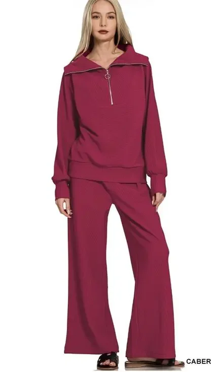 Zenana Ribbed Wide Leg Pant Set