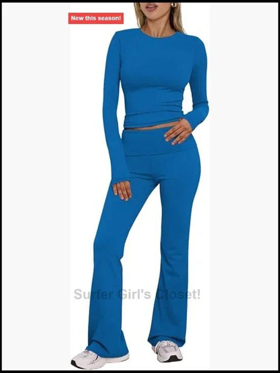Women's 2 Piece Lounge Sets Long Sleeve Foldover Flare Pants Tracksuit