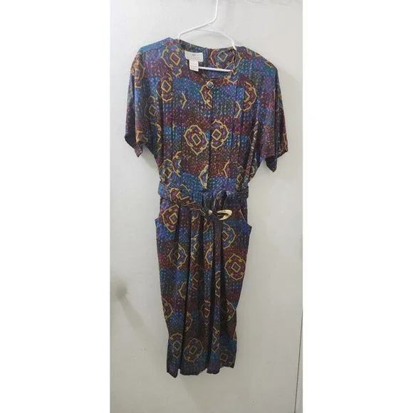 Worthington Essentials Vintage Midi Dress Geometric Print Belted Rayon Size 6