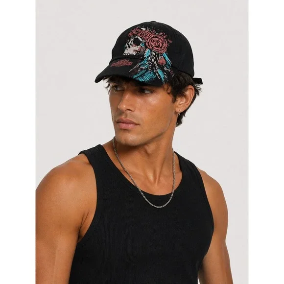 Harley-Davidson Hat Cap Unisex Black Skull Rose Feather Baseball Adjustable