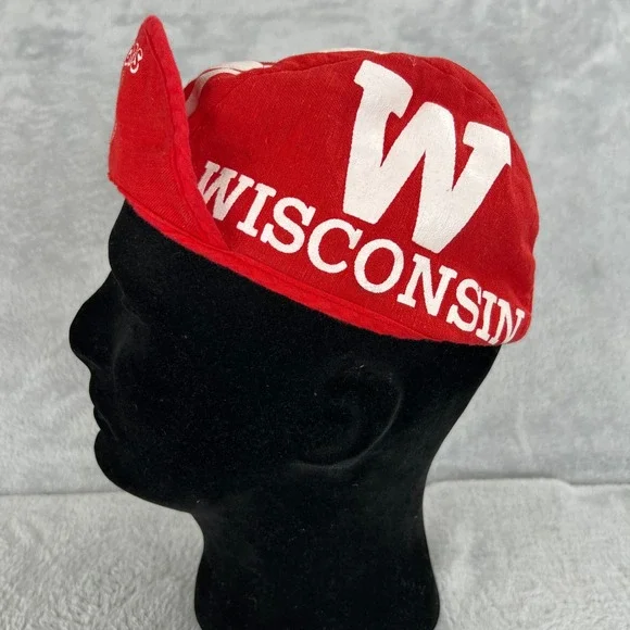 Vtg AOP Wisconsin Badgers Cycling Cap Red Bucky Badger NCAA Bike Hat Retro