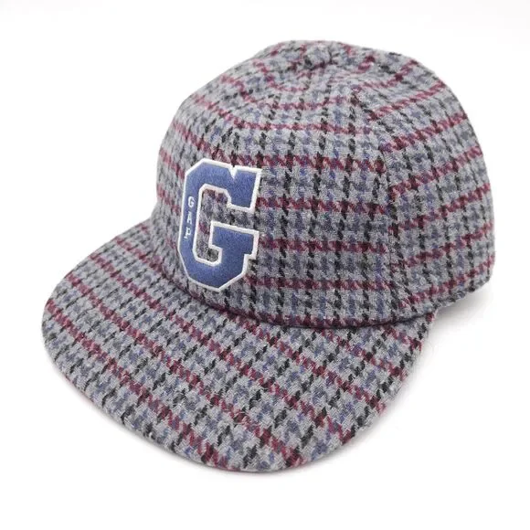 Gap G Letter Wool Strapback Hat Houndstooth Plaid Pattern Vintage Style Ball Cap