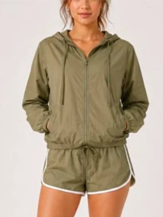 Women’s Olive 2-Piece Windbreaker Set | Hooded Zip Jacket & Dolphin Shorts