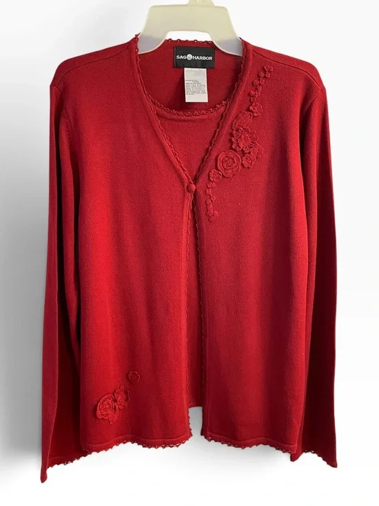Vintage Sag Harbor Red Acrylic Floral Cardigan Sweater Set M Made Australia Y2K