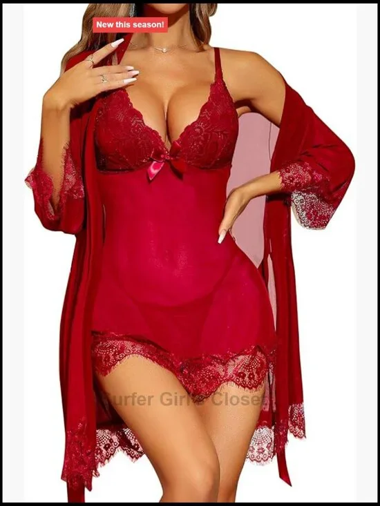 Women's 3 Piece Lingerie Set Babydoll Mesh Lace Robe Thong