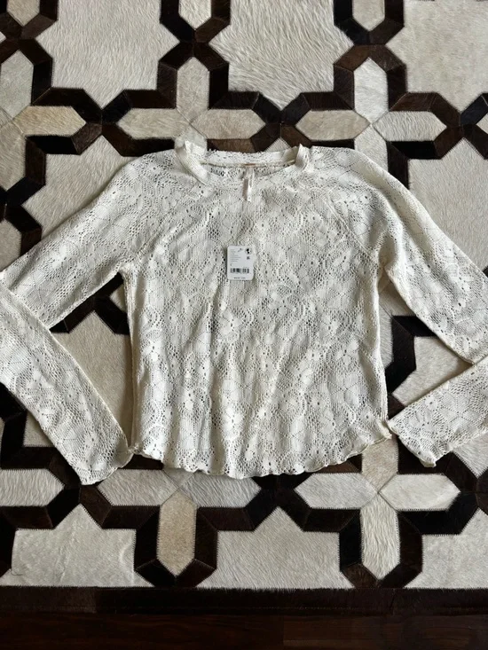 Free People Cream Lace Knit Long-Sleeve Top