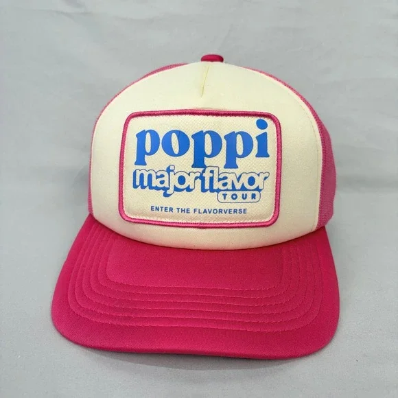 Poppi Trucker Hat Major Flavor Tour Unisex OS Pink Cream Snapback Cap