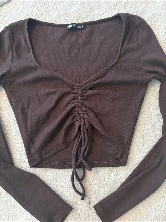 Brown Ruched Front Long-Sleeve Crop Top