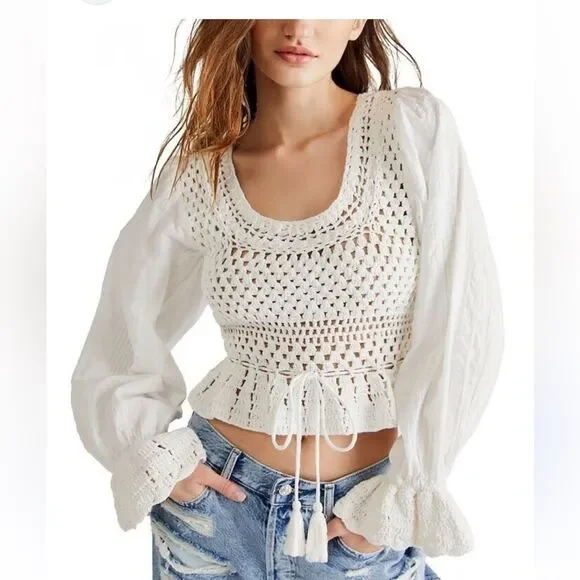 FREE PEOPLE Megan Crochet Ivory Top Boho Peasant Festival small