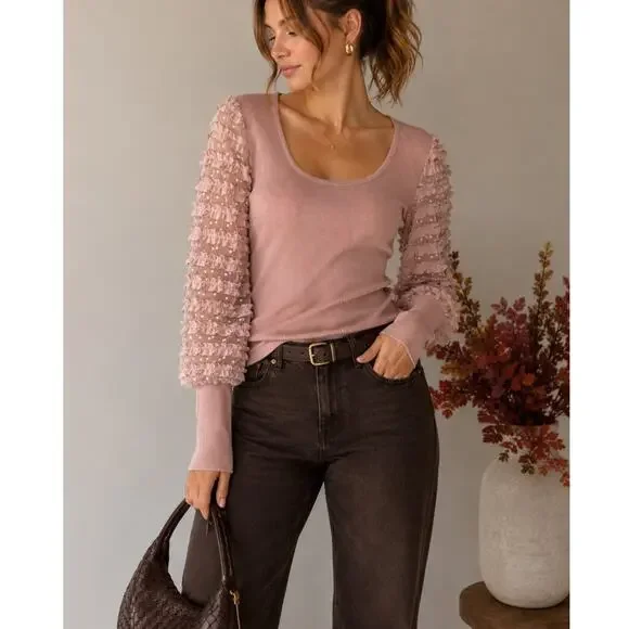 Anthropologie Dolan Left Coast Dusty Rose Ruffle Puff Sleeve Top Size XL