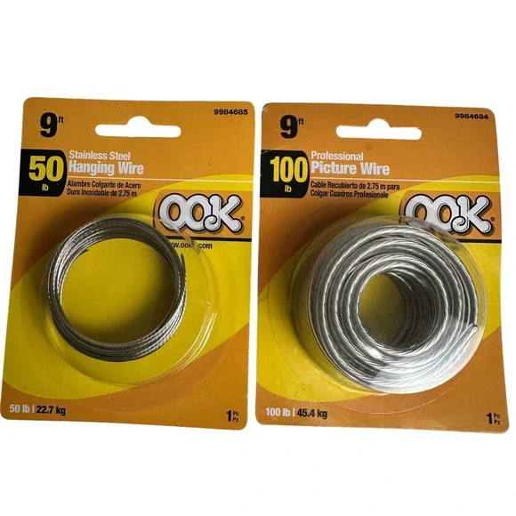 OOK 50 lb Stainless Steel Hanging Wire & 100 lb Picture Wire 9 ft Lot of 2‎