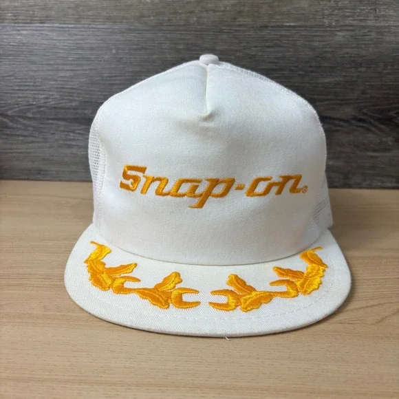 VINTAGE Snap On‎ Hat Cap Snap Back White Yellow Tools Trucker Mesh K Prodcuts