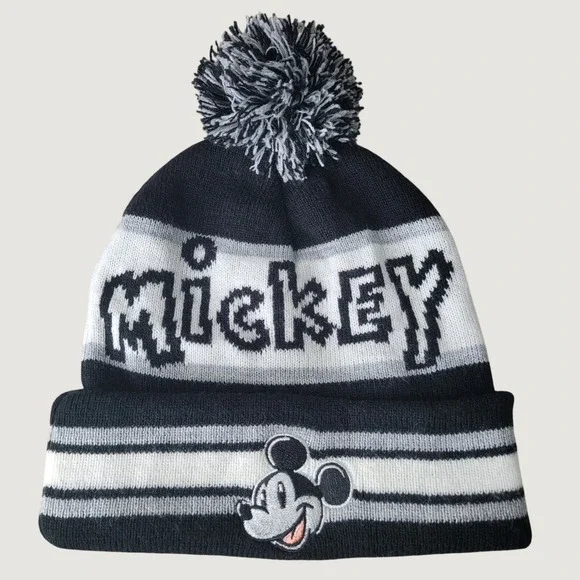 Disney Mickey Mouse Knit Beanie Hat Black White Grey Striped Pom Pom NTW19053