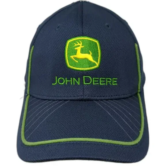 John Deere Baseball Cap Blue One Size Fitted Green Piping Logo Agriculture Hat