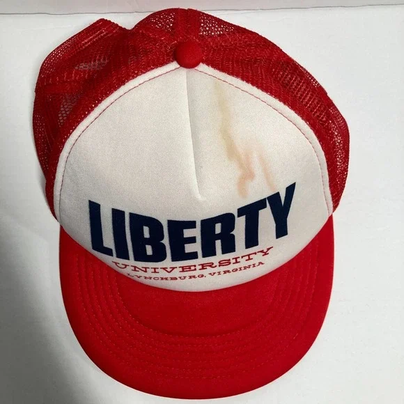 Vintage Liberty University Trucker Cap‎ Hat White Red Mesh Snapback  STAIN