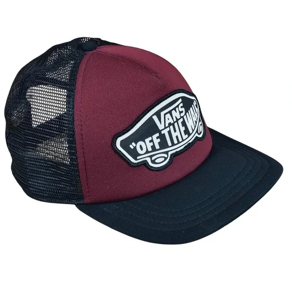 Vans Off The Wall Trucker Hat Mens Burgundy Black Mesh Snapback Skater Cap‎