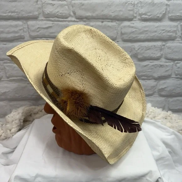Rodeo Straw Cowboy Hat Brown Band‎ & Feather Size 7 1/4 Western Wear Ranch King