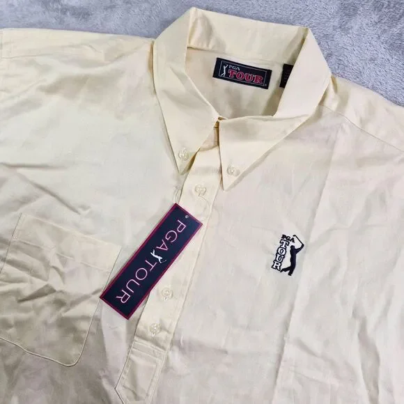 PGA Tour Shirt Button Down Mens XL Yellow Golf Cotton Short Sleeve Casual
