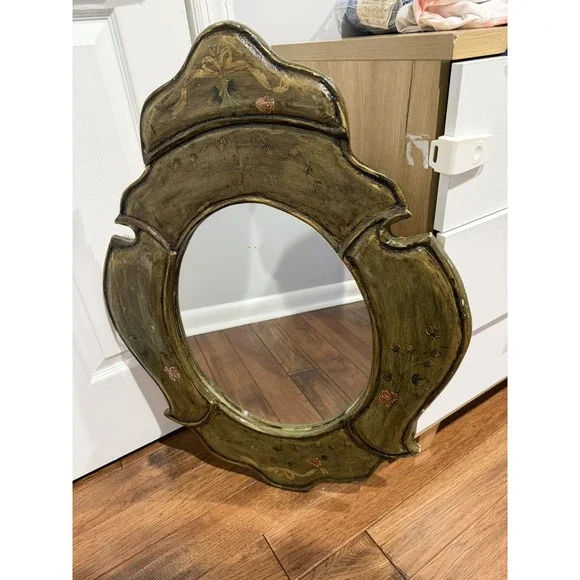 Vintage Peruvian Hand‎ Painted Wooden Wall Mirror Green Floral Flowers 32x24