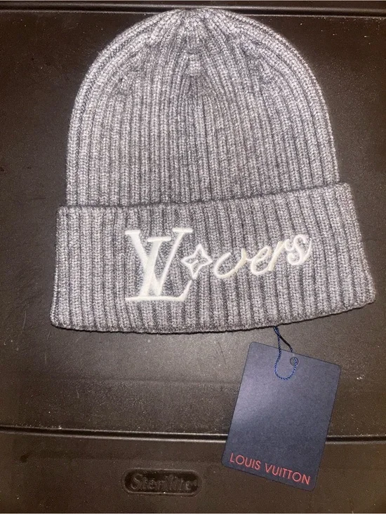 Louis Vuitton Charcoal Gray Ribbed Knit Beanie with LV Embroidery