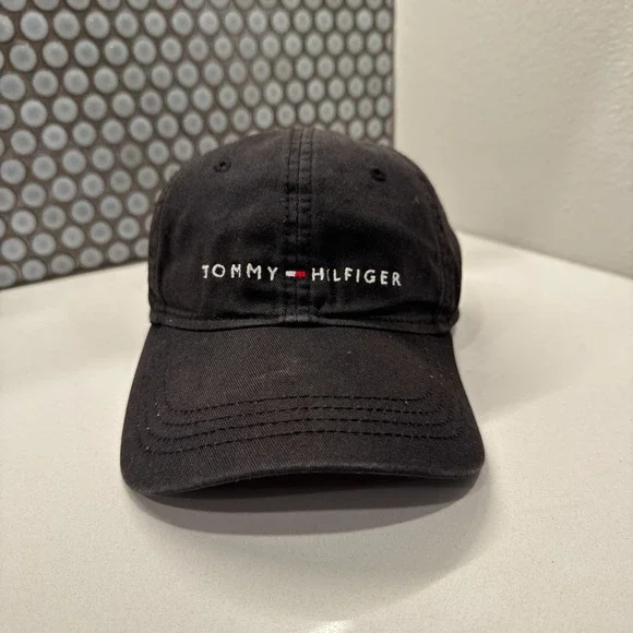 Tommy Hilfiger Hat Cap Black Leather Strap One Size Embroidered Logo Adjustable‎