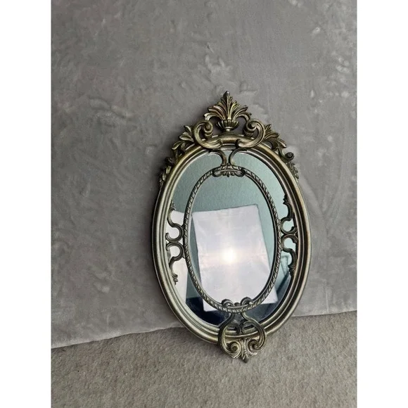 Vintage Ornate Oval Mirror‎ Antique Silver Italy Baroque Scrollwork 18.5x11.5