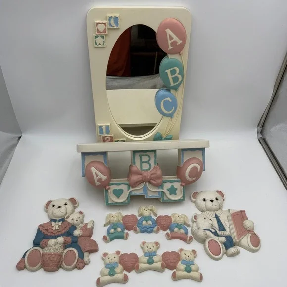 Vintage Nursery Wall Decor Set Teddy Bear Bunny Mirror Shelf Plaques Pastel 6pc