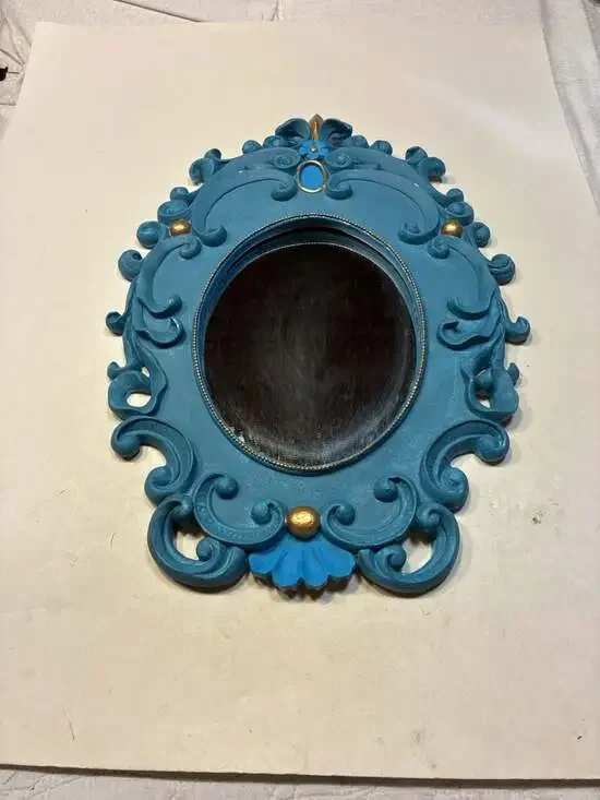 Vintage Decoline Ornate Blue and Gold Scrollwork Oval Wall Mirror Hand Painted