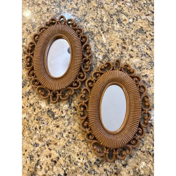 Vintage Ornate Faux Wood Oval Wall Mirrors Pair Brown Scrollwork Decor Set of 2