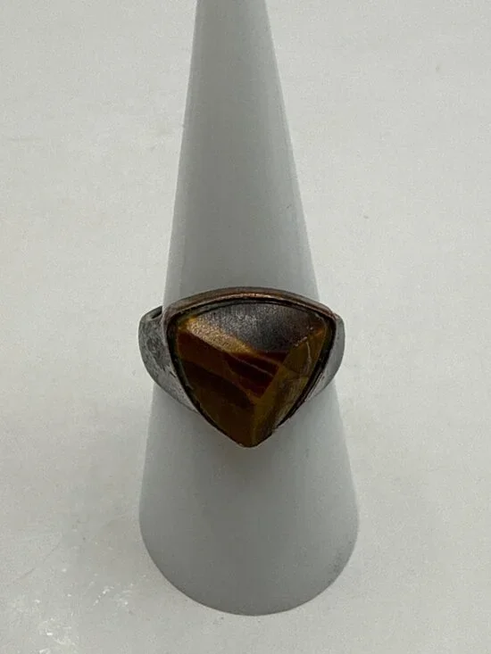 Vintage Silver Tone Trillion Tigers Eye Ring Rustic Statement Boho