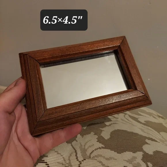 Vintage Wood Frame Wall Mirror Rectangular Brown Beveled Small 6.5x4.5 Inch