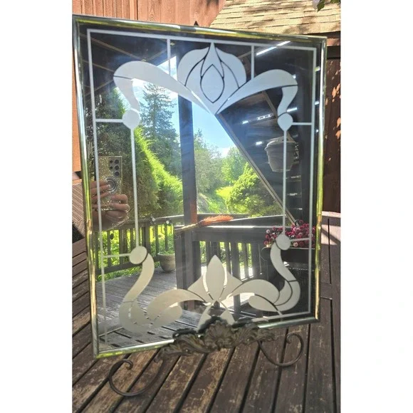 Vintage Marsel Etched Glass Art Deco Mirror Gold Frame 16x20