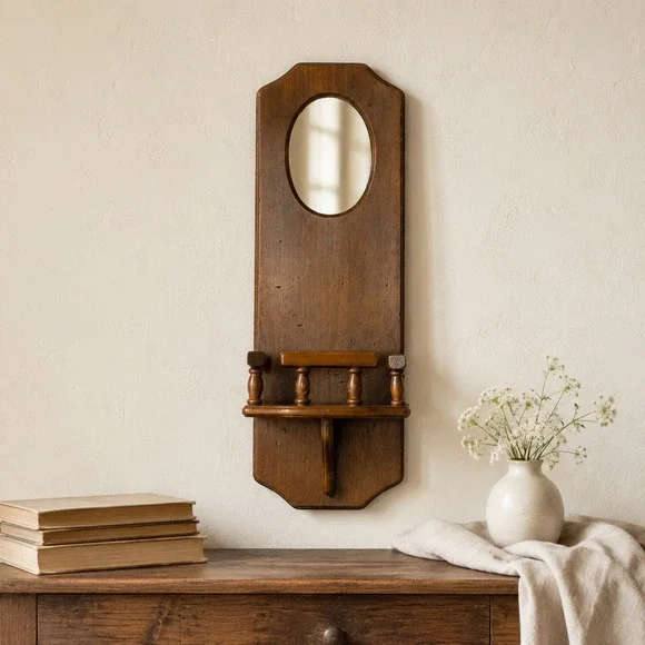 Vintage Early American Wood Wall Mirror Shelf Brown Rustic Farmhouse Home Decor