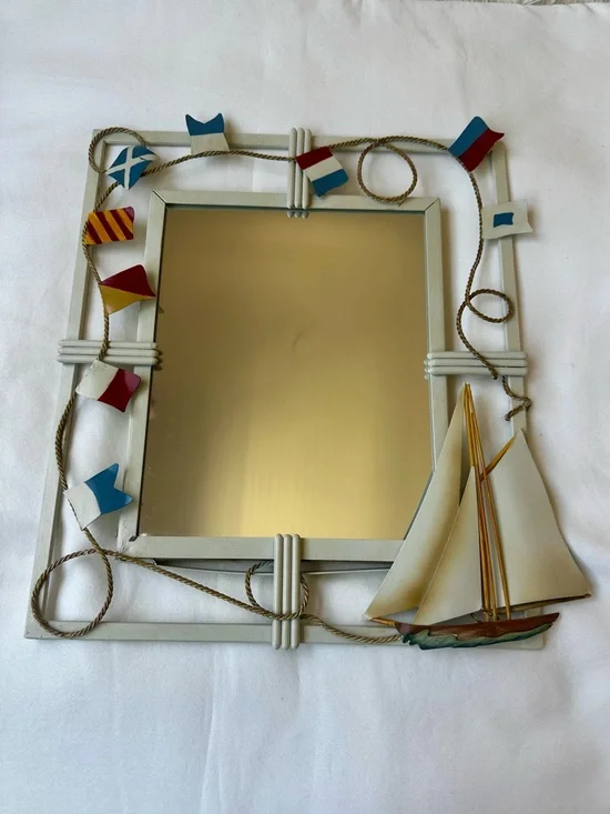 Nautical Sailboat Wall Mirror Coastal Beach House Decor Signal Flags Rope 13”