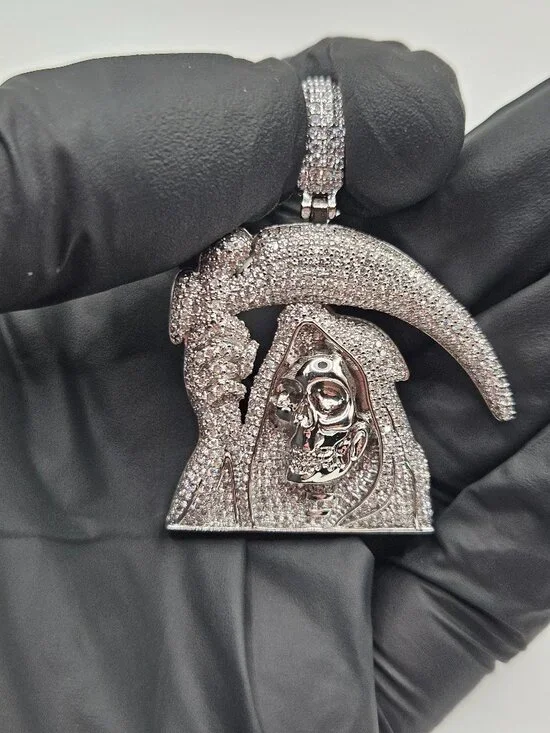 Iced Out Silver Filled 5A CZ Grim Reaper Santa Muerte Pendant 9mm Bail