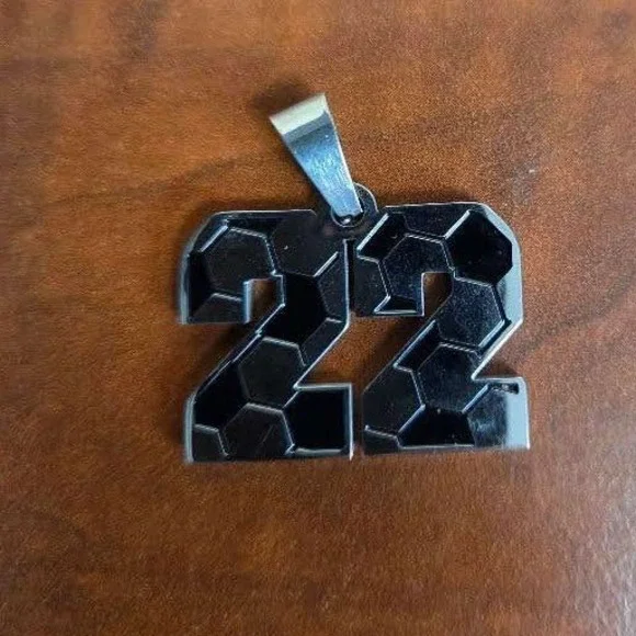 Silver Tone Number 22 Soccer Ball Pattern Pendant Athletic Charm Black Enamel