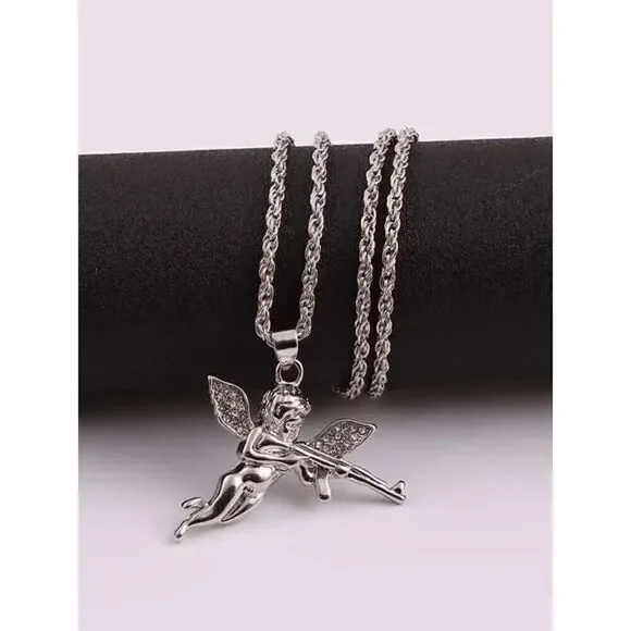 Diamond Angel Cherub Cupid AK47 Gun White Gold Plated Pendant Necklace