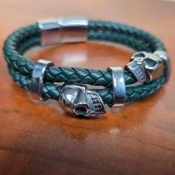 Green Braided Leather Skull Bracelet Silver Magnetic Clasp Gothic Biker