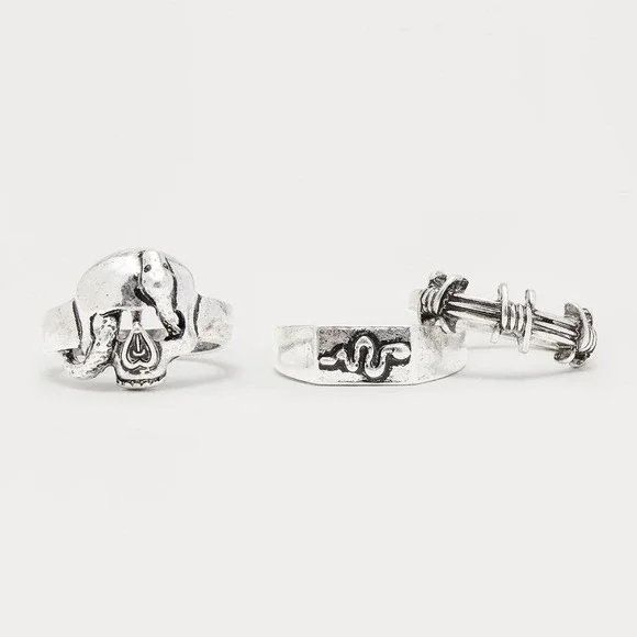 Silver Metal Skull Skeleton Ring‎ Set Mens 10 Barbwire Punk Western Cowboy Snake